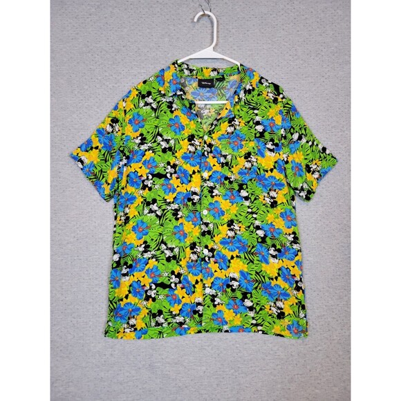 Disney Mickey Mouse Shirt Mens Medium Green Hawaiian Vacation Hibiscus *Read* - Picture 1 of 10
